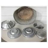 Vtg Galvanized Tub w/ Assorted Vtg Car Hubcaps