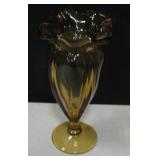 Vtg Ruffled Rim Amber Glass Vase - 9.5"