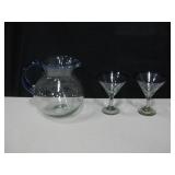 Mexico Hand Blown Pitcher w/ 2 Martini Glasses