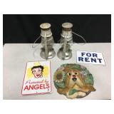 2 Hurricane Lamps, 2 Signs & Dog Wall Decor