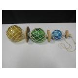 3 Vtg Glass Floats w/ Net & Cork - Japan