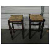 2 Wood Bar Stools w/ Woven Seats - 24" Tall