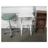 Vtg Dental Stool, Wood Table & Wood Shelf Unit