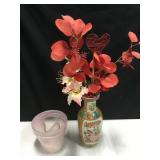 Asian Ceramic Vase w/ Dry Arrangement & Glass Pot