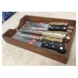 Wood Tray Of Assorted Kitchen Knives