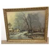 Vtg Ornately Framed Gold Gilt Winter Landscape