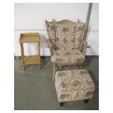 Vtg Wood Chair, Ottoman & 2-Tier Telephone Table