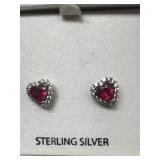 Sterling & Manufactured Ruby Heart Earrings