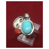 Sterling,Turquoise & Coral Southwestern Ring