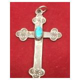 Vtg Native Sterling & Turquoise Cross Pendant