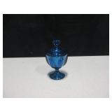 Small Blue Glass Lidded Compote - 6" Tall