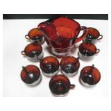 Ruby Red Glass Pitcher w/ 9 Cups