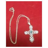 Vtg Sterling Silver & Opal Cross Necklace