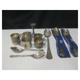 Silver Plate Cups, Candle Holder & Serving Spoons