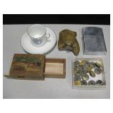 Vtg Military Buttons, Puzzle Box, Cup & Saucer etc