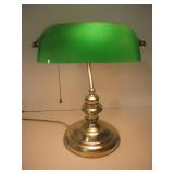 Brass Banker Lamp w/ Green Glass Shade - Works