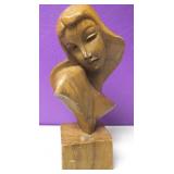 Vtg Mid Century Carved Wood Womans Bust 12"