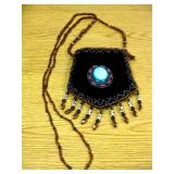 Beaded Velvet Zippered Pouch w/Blue Shell Cabochon