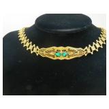 Green Rhinestone Gold Tone Box Chain Choker