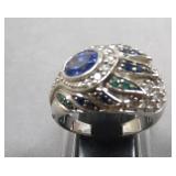 Sterling/Tanzanite/CZ Peacock Ring Size 9.75