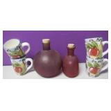 Lot of 2 Spanish Red Glass Bottles, 4 China Cups