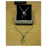 2 Sterling Silver Necklaces 1 w/Green Stone, Pearl