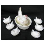 Lot Of 7 Milk Glass Rooster Covered Dishes