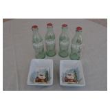 4 - 8oz Coke Bottles & 2 Ceramic Holiday Dishes