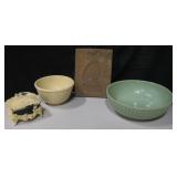 2 Ceramic Bowls, Wood Mold & Cast Iron Box