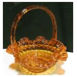 Orange Glass Basket Bowl w/ Handle - Ruffled Edge