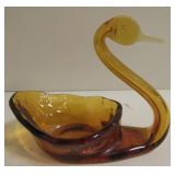 Amber Glass Swan Candy Dish 7" X 6"