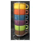 6 World Market Ceramic Coffee Cups w/ Storage Rack
