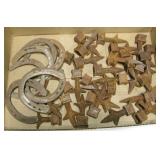 Box Lot of Horse Shoes & Cast Iron Finials
