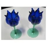 2 Blue Hand Blown Czech Marked Flowers 9.25"