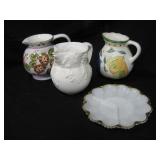10" Milk Glass Gold Trimmed Relish Dish & Pitchers