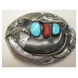 Vtg NA Turquoise Coral Bear Claw Belt Buckle