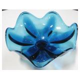 Mid Century Modern Blue Glass Candy Dish 9.5" X 6"