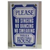 Tin Repro Enamel Sign - No Singing - 5 x 8.5"