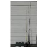 6 Fishing Poles, 2 Reels & Plastic Tackle Box