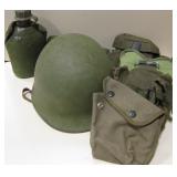 WW II Metal Helmet with Pouches, Belt & Canteen