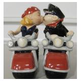 Biker Man & Woman Kissing Salt / Pepper Shakers