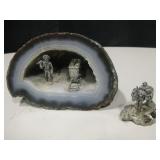 Pewter On Pyrite Burro & Pewter Miner In Geode