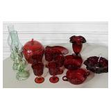 Box Lot of Ruby Glass & 2 Green Oil Lamps