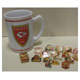 Kansas City Chiefs Mug & Several Chiefs Pins
