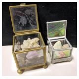 2 Small Glass Boxes w/ Crystals & Arrowheads