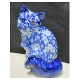 Ceramic Blue Flowers Cat Figurine - 6.75" Tall