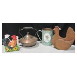 Copper Colored Metalware, Ceramic & Wood Chickens