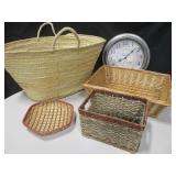 Lot Of Woven Baskets & Wall Clock