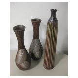 2 Carved Wood Vases & 1 Ceramic Vase
