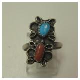 Vtg Navajo Sterling Silver, Turquoise & Coral Ring
